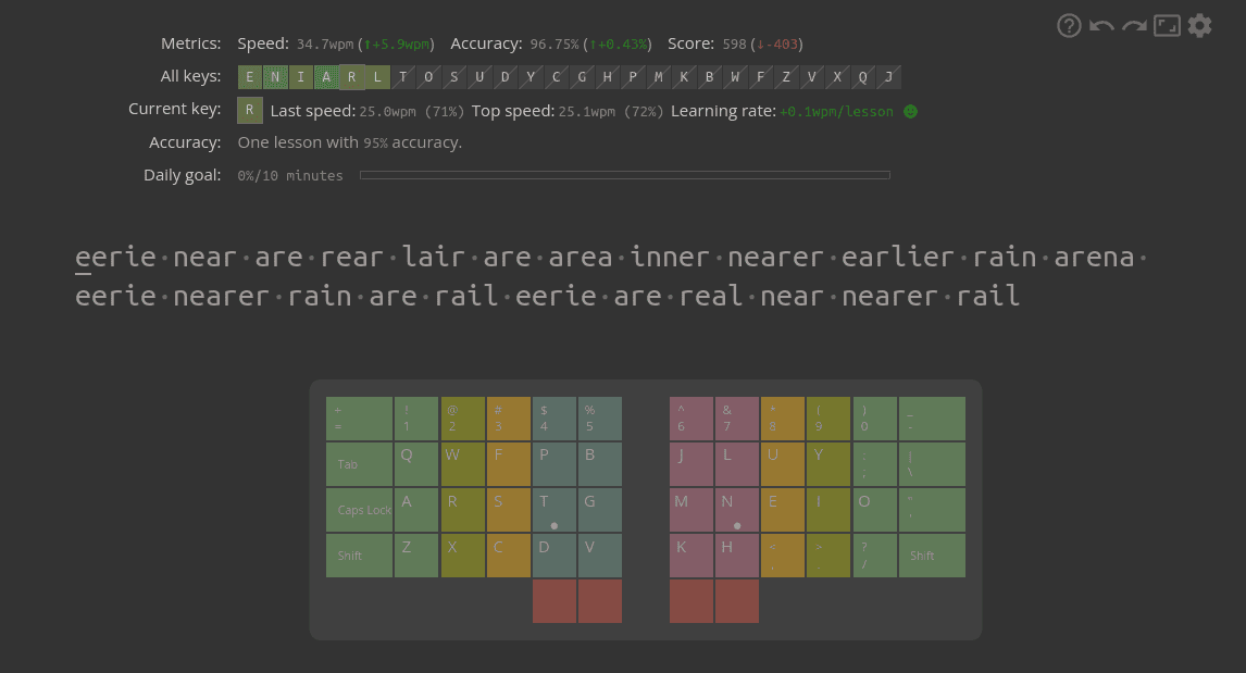 Screenshot of Keybr site during my training